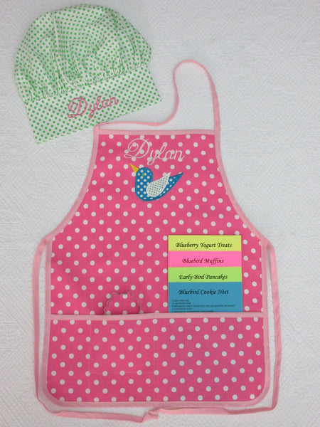 Handmade Personalized Kids Cooking Apron Girls Pink Bluebird