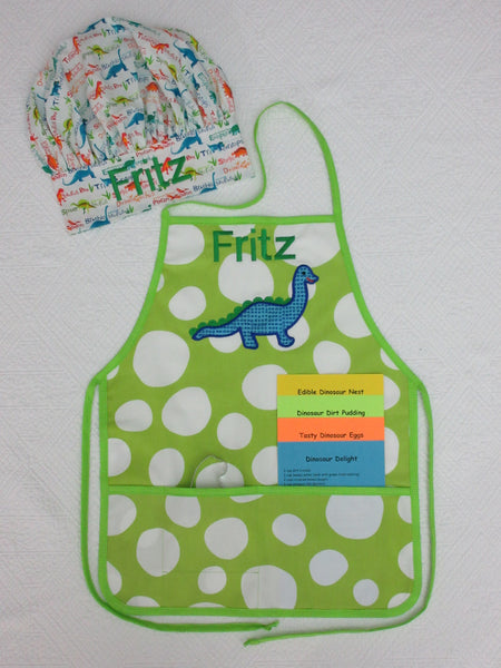 Handmade Personalized Kids Cooking Apron Boys Green Dinosaur