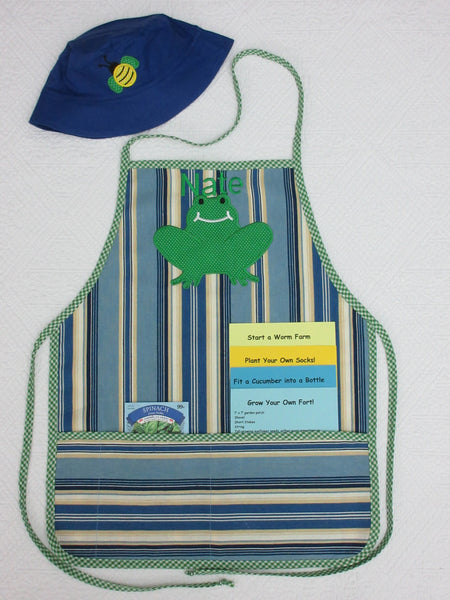 Handmade Personalized Kids Gardening Apron Boys Blue Frog
