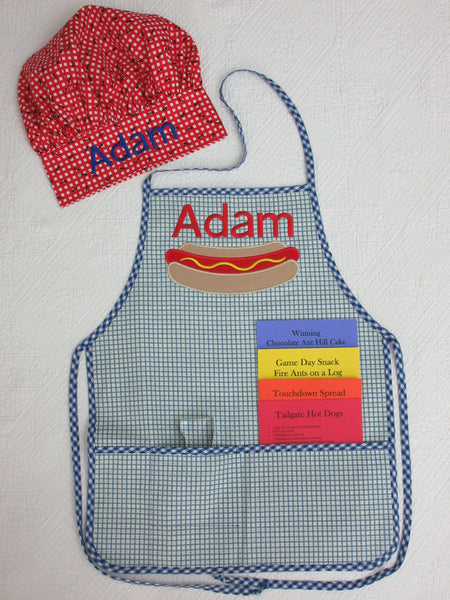 Handmade Personalized Kids Cooking Apron Boys Blue Hot Dog