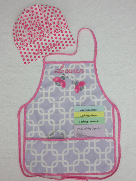 Handmade Personalized Kids Cooking Apron Girls Lavender Ladybugs