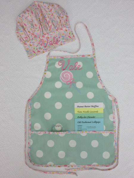 Handmade Personalized Kids Cooking Apron Girls Pink and Green Lollipop